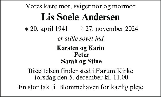 Dødsannonce for Lis Soele Andersen