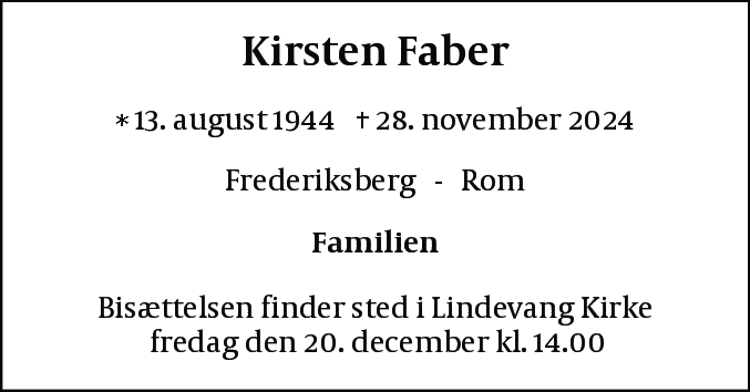 Dødsannonce for Kirsten Faber