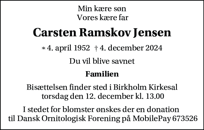 Dødsannonce for Carsten Ramskov Jensen