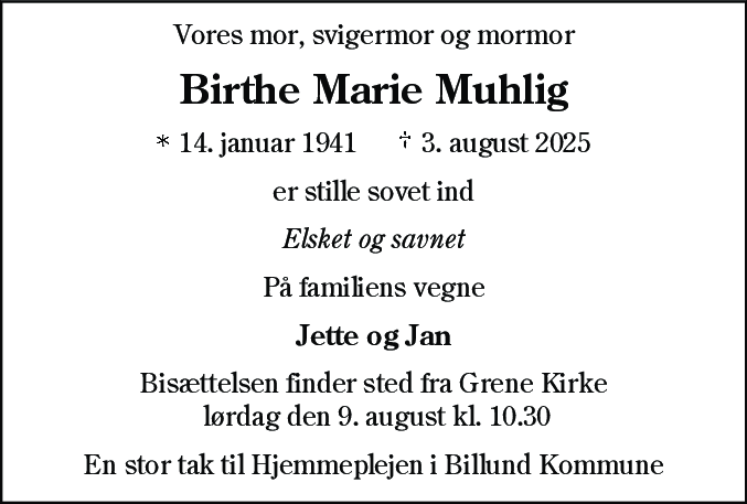 Dødsannonce for Birthe Marie Muhlig