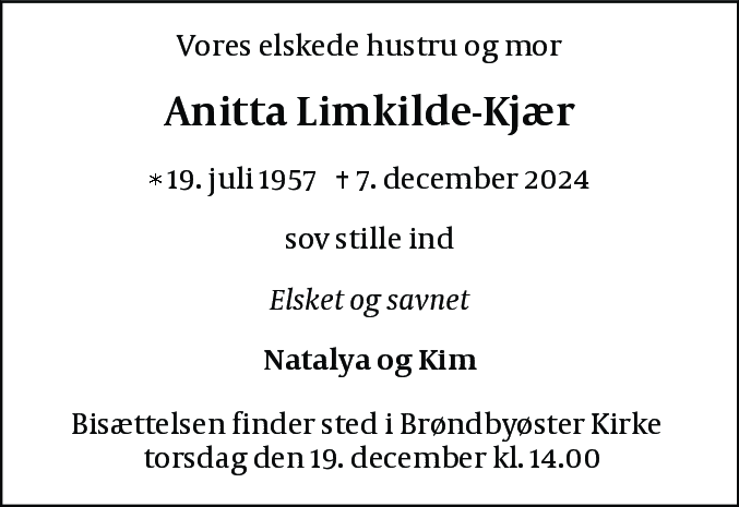 Dødsannonce for Anitta Limkilde-Kjær