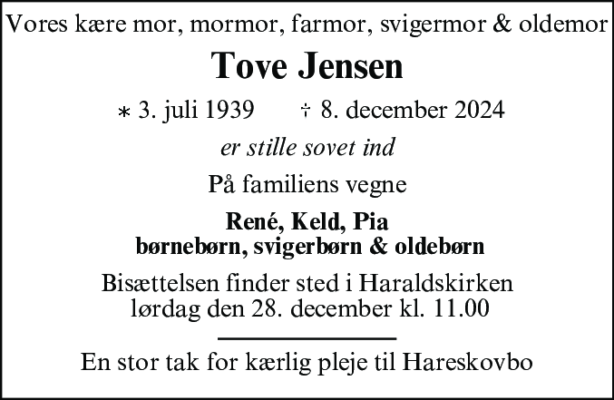 Dødsannonce for Tove Jensen