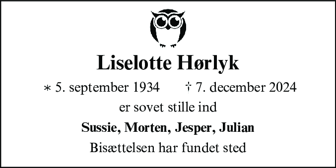 Dødsannonce for Liselotte Hørlyk