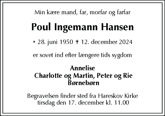 Dødsannonce for Poul Ingemann Hansen