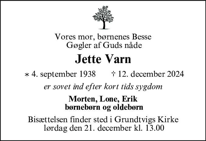 Dødsannonce for Jette Varn