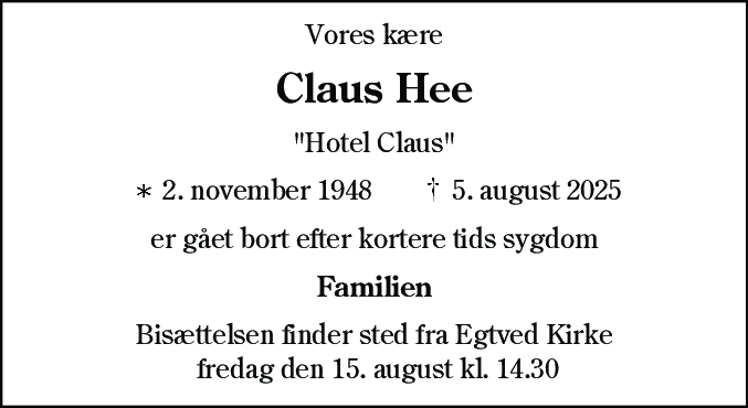 Dødsannonce for Claus Axel Aage Bachmann Hee