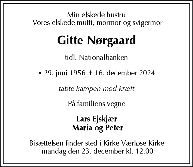 Dødsannonce for Gitte Nørgaard
