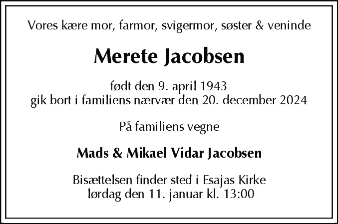 Dødsannonce for Merete Jacobsen