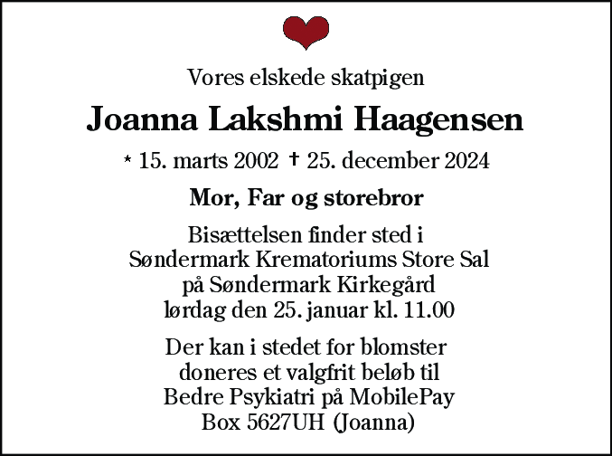 Dødsannonce for Joanna Lakshmi Haagensen