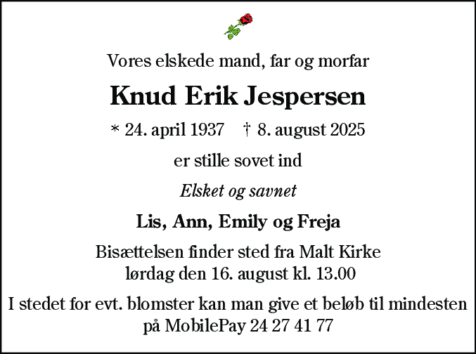 Dødsannonce for Knud Erik Jespersen