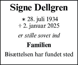 Dødsannonce for Signe Dellgren