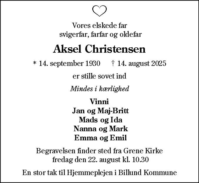 Dødsannonce for Aksel Christensen