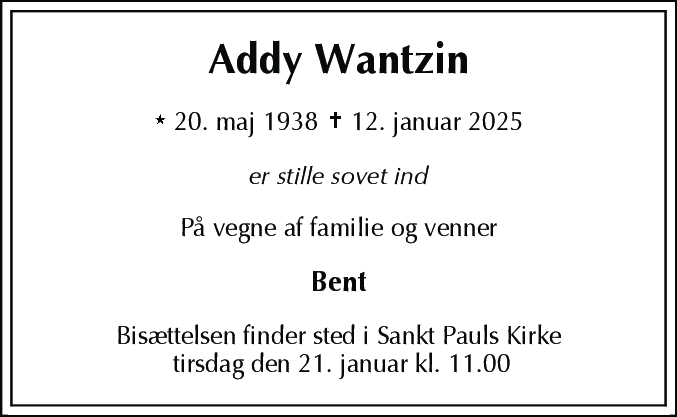 Dødsannonce for Addy Wantzin