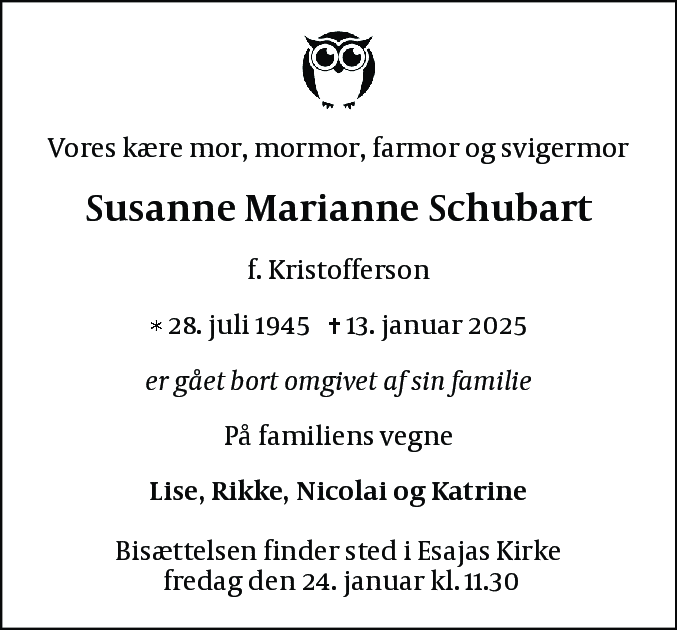 Dødsannonce for Susanne Marianne Schubart