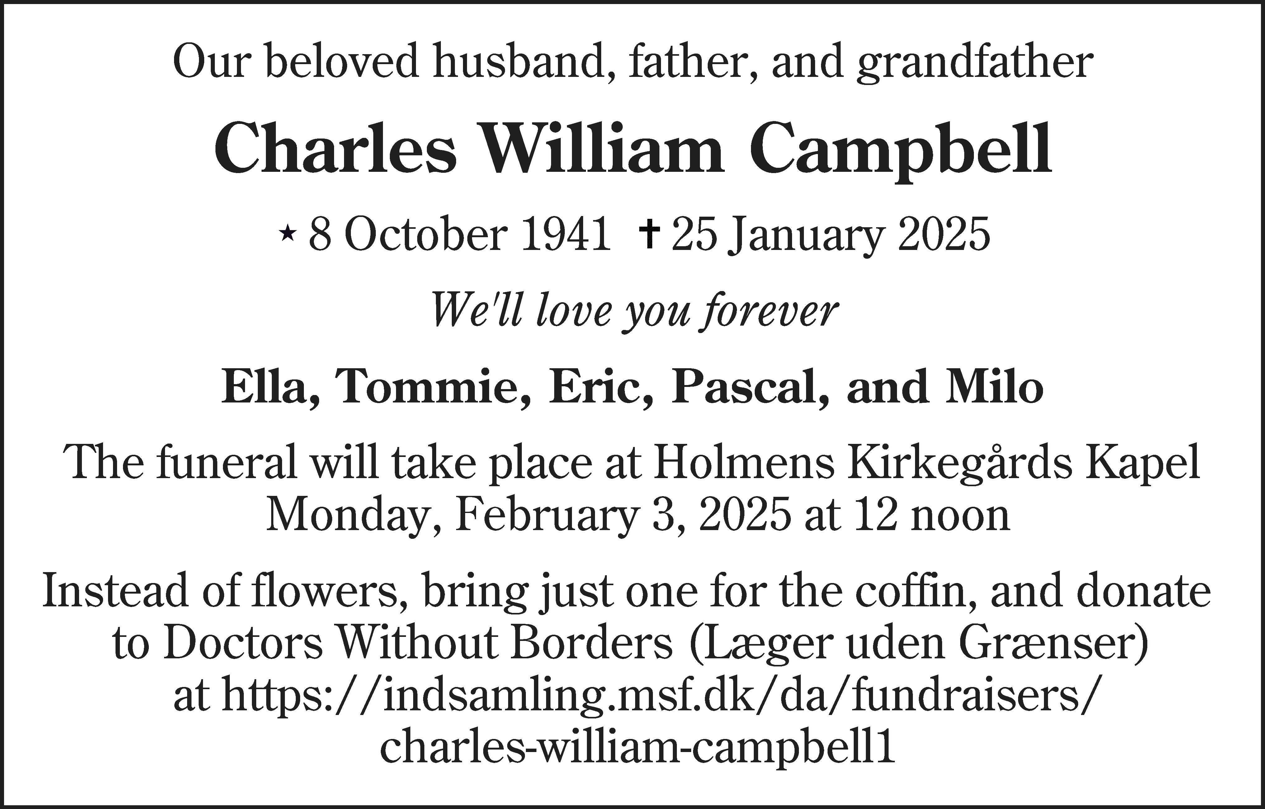 Dødsannonce for Charlie William Campbell
