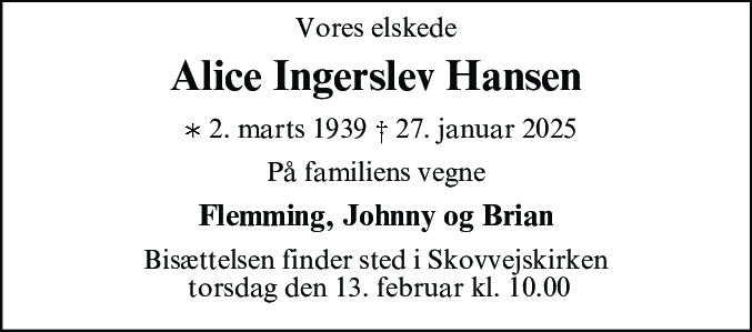 Dødsannonce for Alice Ingerslev Hansen