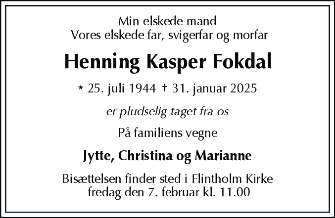 Dødsannonce for Henning Kasper Fokdal