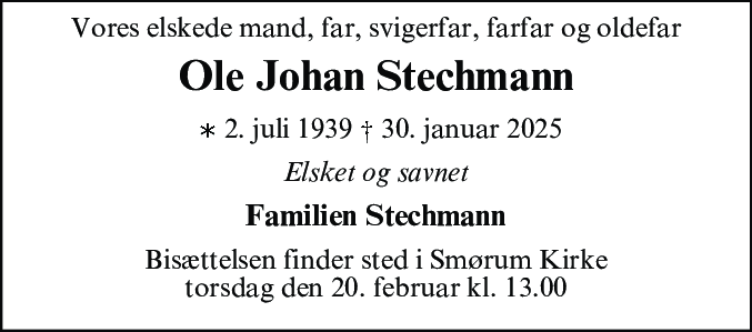Dødsannonce for Ole Johan Stechmann