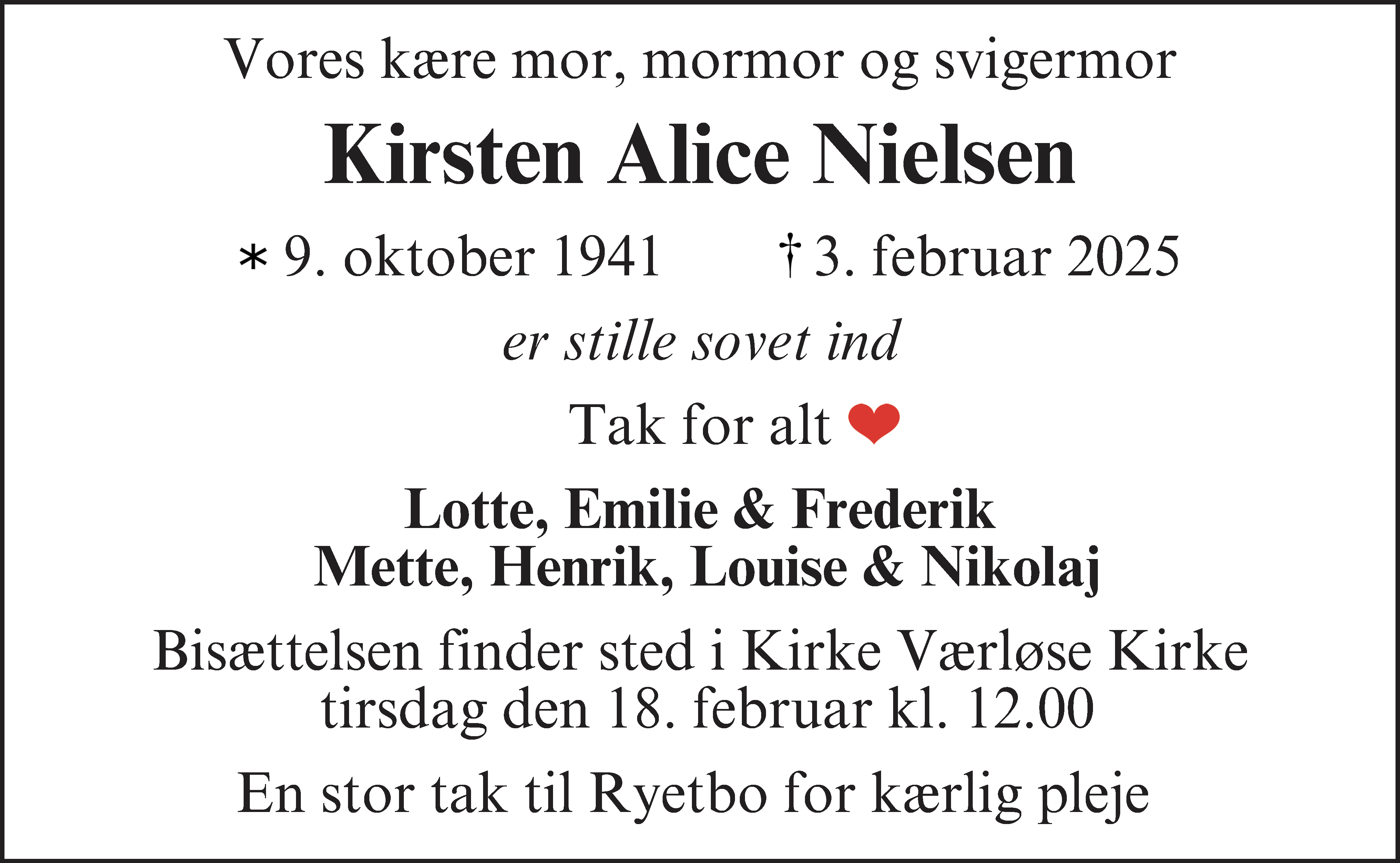 Dødsannonce for Kirsten Alice Nielsen