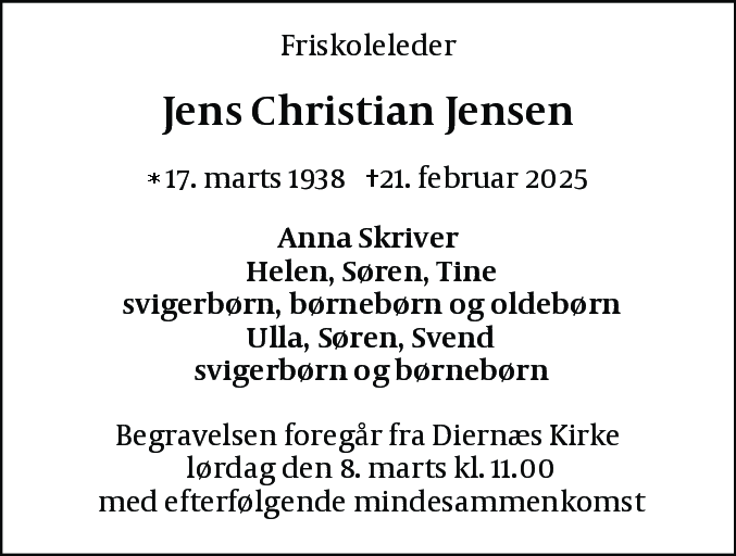 Dødsannonce for Jens Christian Jensen