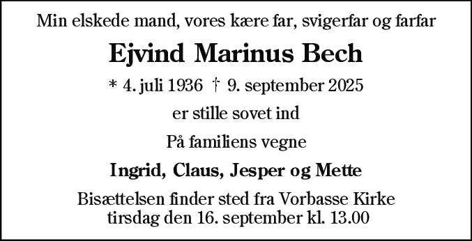 Dødsannonce for Ejvind Marinus Bech