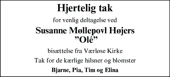 Dødsannonce for Susanne Møllepovl Højer