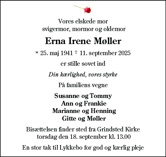 Dødsannonce for Erna Irene Møller