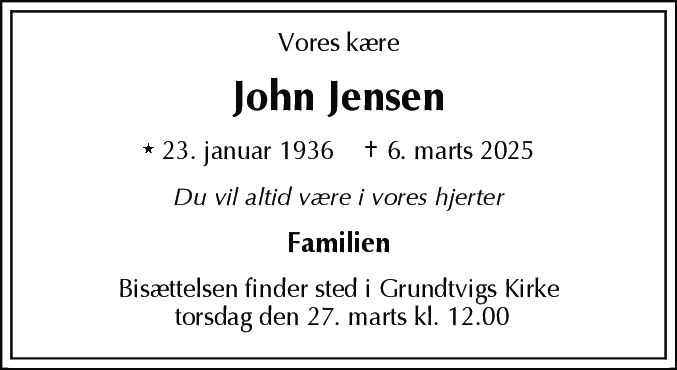Dødsannonce for John Jensen