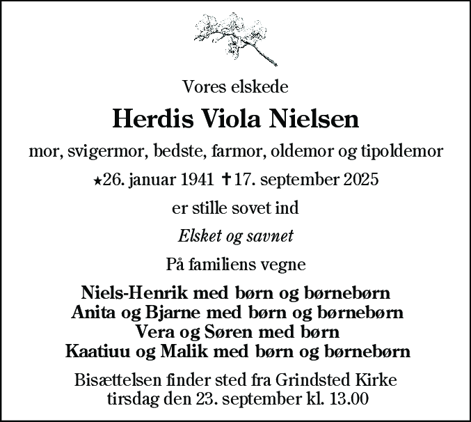 Dødsannonce for Herdis Viola Nielsen