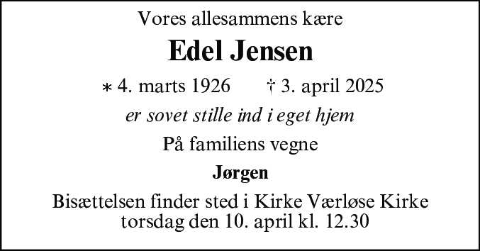 Dødsannonce for Edel Jensen