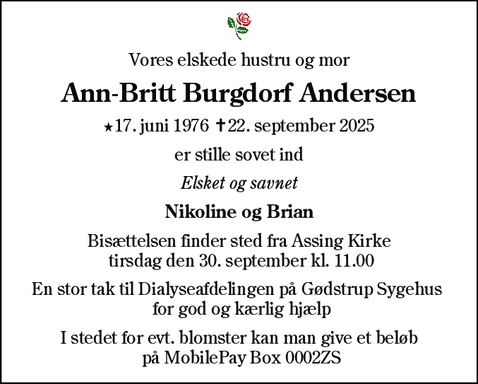 Dødsannonce for Ann-Britt Burgdorf Andersen