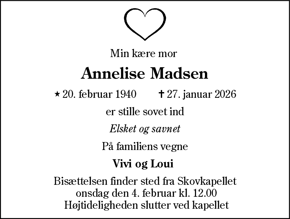 Dødsannonce for Annelise Madsen