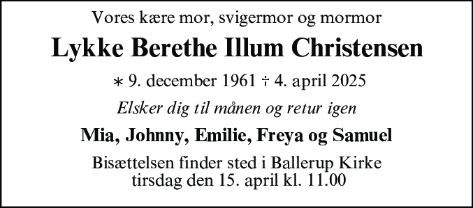 Dødsannonce for Lykke Berethe Illum Christensen