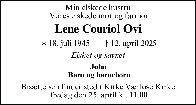 Dødsannonce for Lene Couriol Ovi