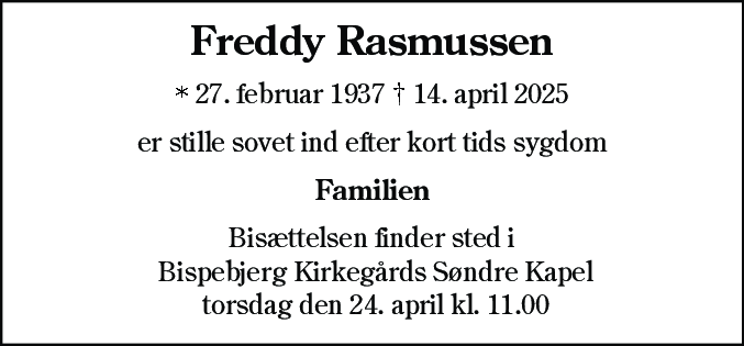 Dødsannonce for Freddy Rasmussen