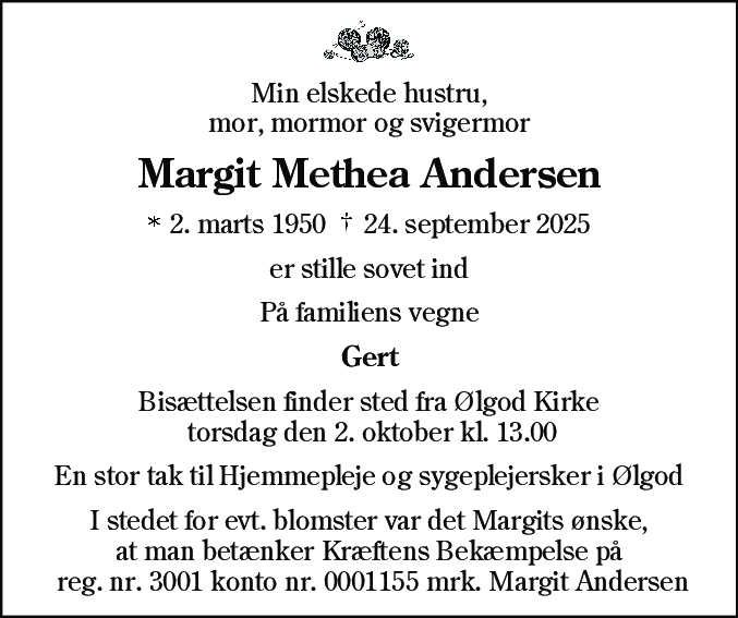 Dødsannonce for Margit Methea Andersen
