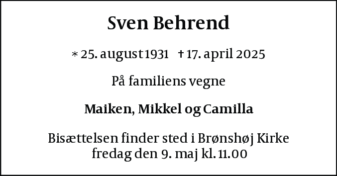 Dødsannonce for Sven Behrend