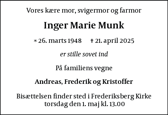 Dødsannonce for Inger Marie Munk