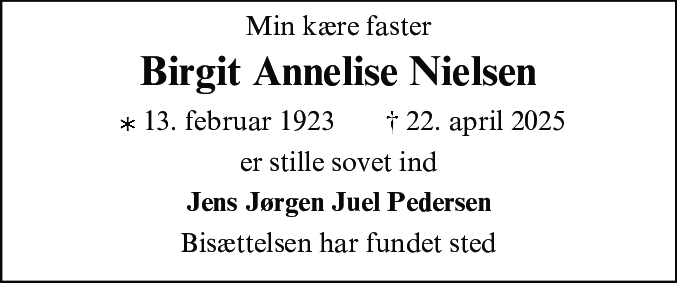 Dødsannonce for Birgit Annelise Nielsen