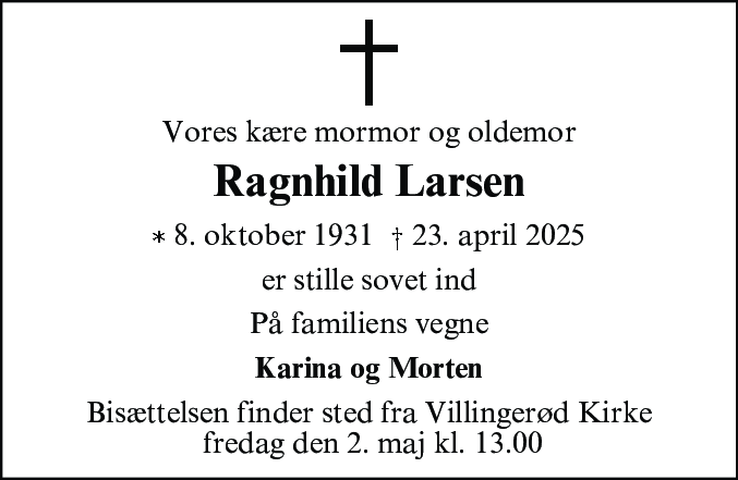 Dødsannonce for Signe Ragnhild Petrea Larsen
