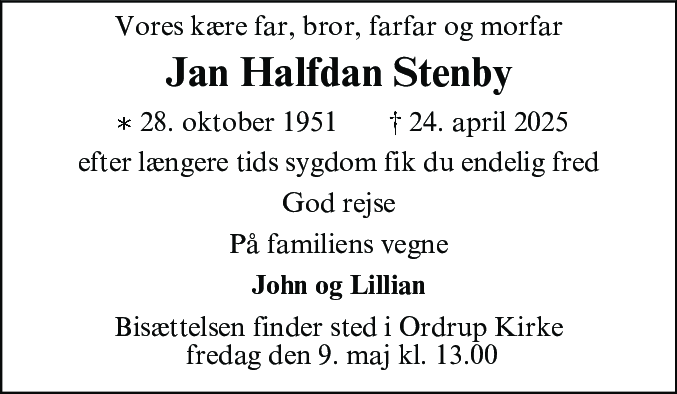 Dødsannonce for Jan Halfdan Stenby