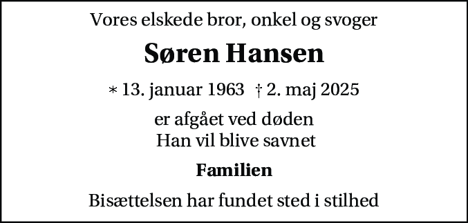 Dødsannonce for Søren Hansen