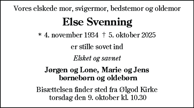 Dødsannonce for Else Svenning