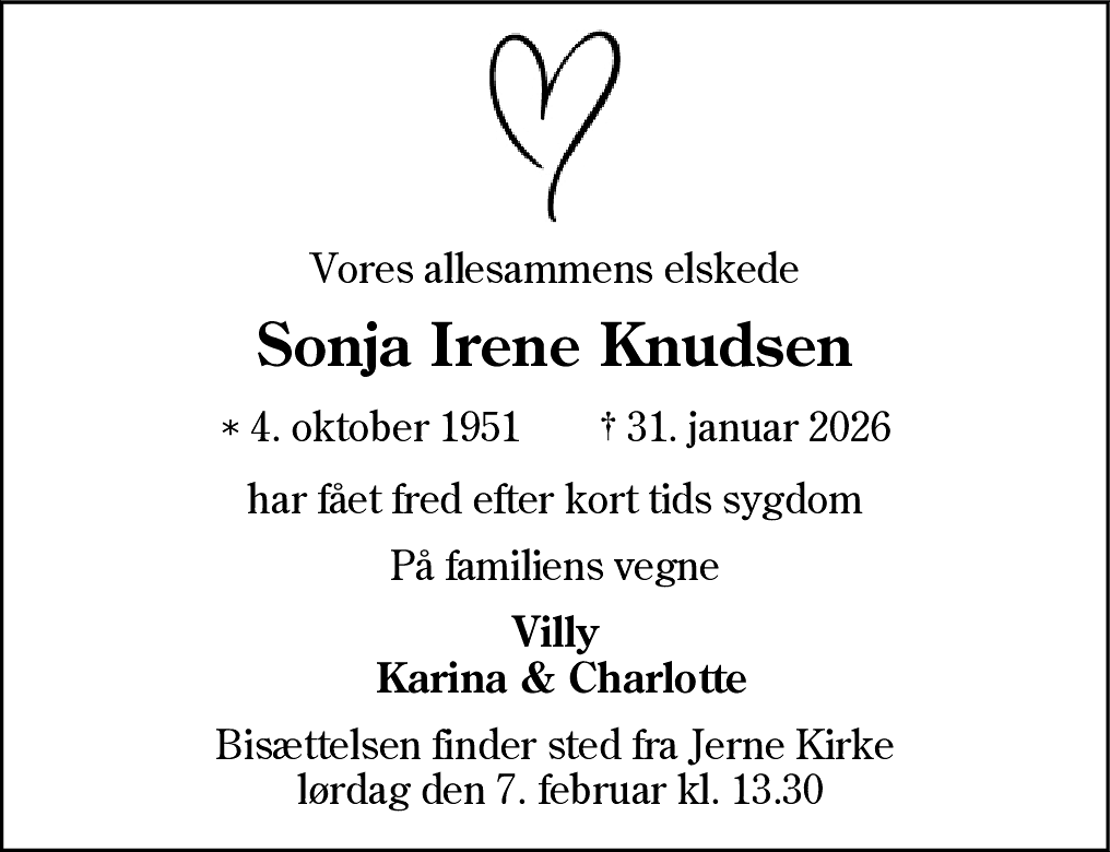 Dødsannonce for Sonja Irene Knudsen