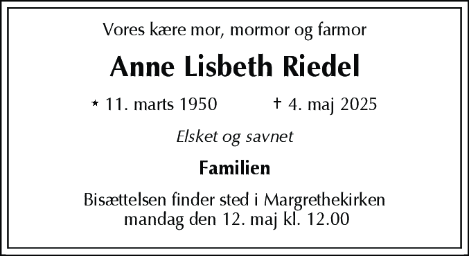 Dødsannonce for Anne Lisbeth Riedel