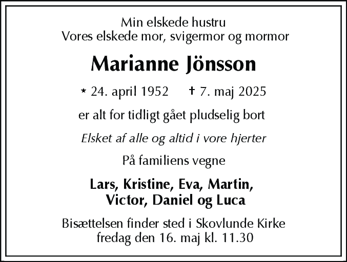 Dødsannonce for Marianne Jönsson