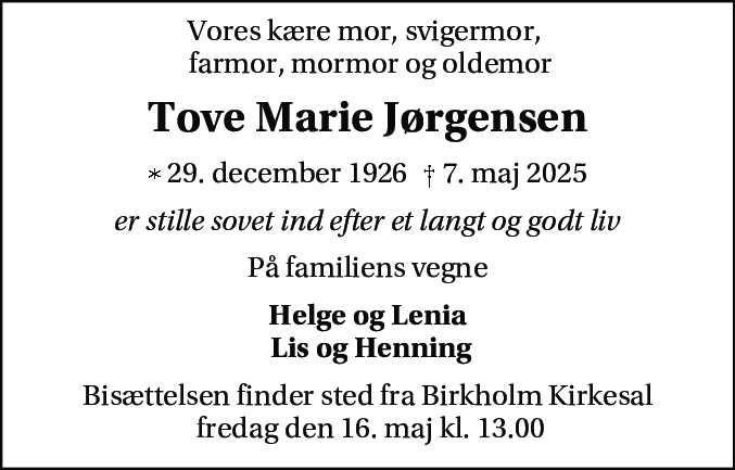 Dødsannonce for Tove Marie Jørgensen