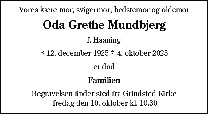 Dødsannonce for Oda Grethe Mundbjerg