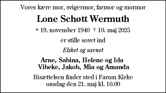Dødsannonce for Lone Schøtt Wermuth