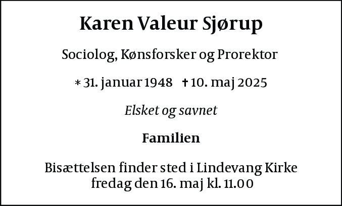 Dødsannonce for Karen Valeur Sjørup